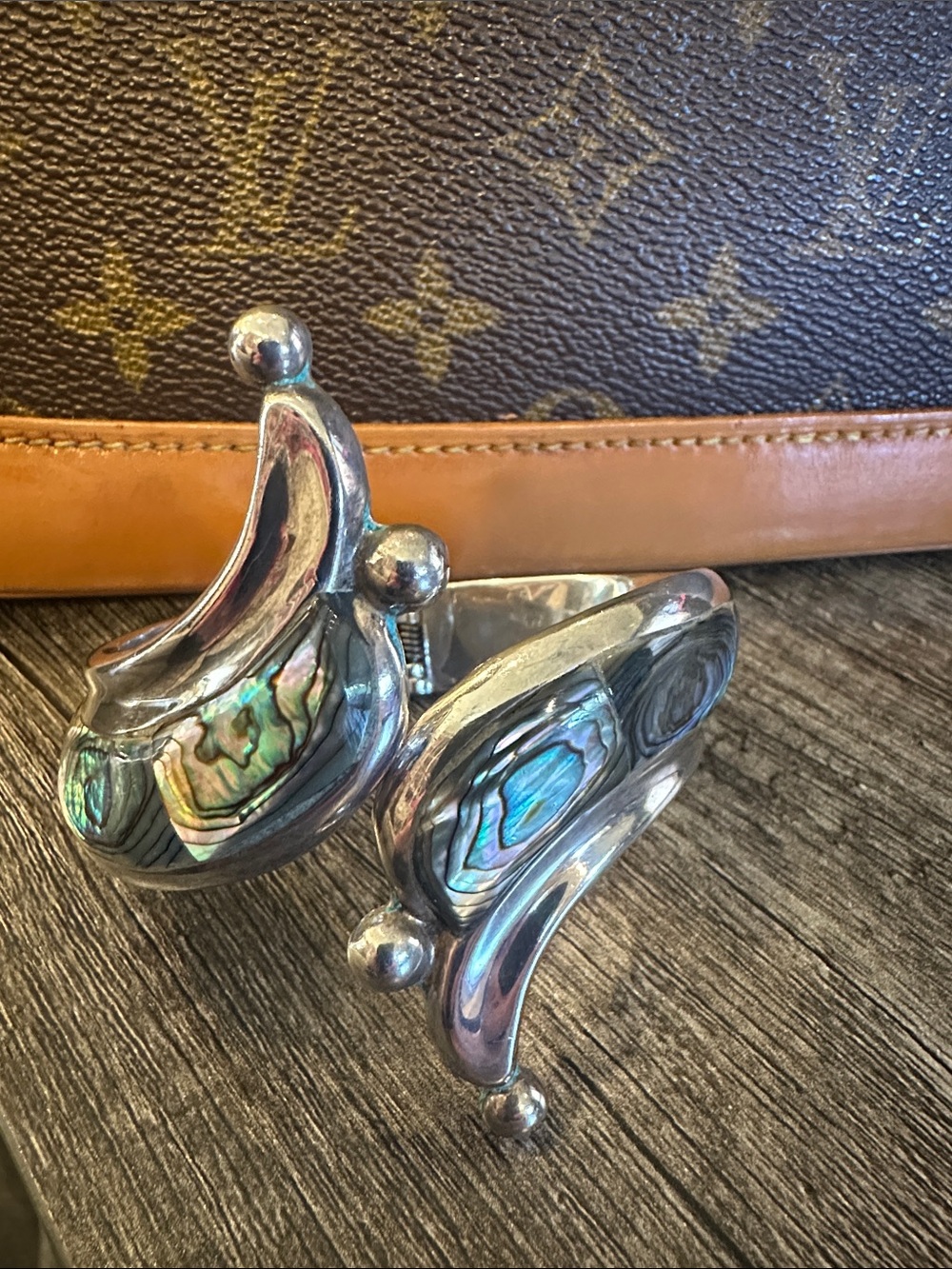 Vintage Silver Abalone Hinge Cuff Bracelet from Mexico